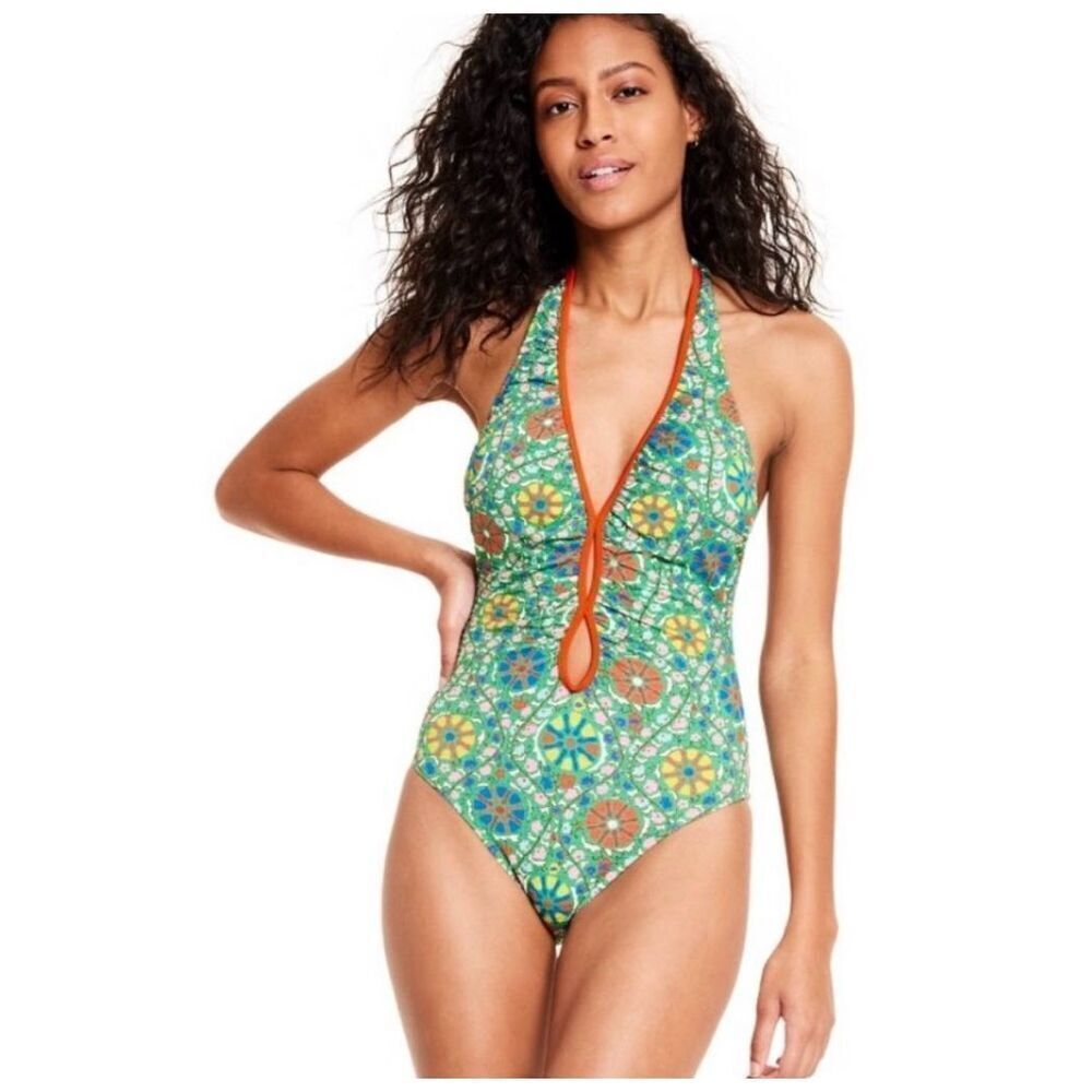 Rhode Zinnia Floral Print One Piece Swimsuit size XL Green Halter High Leg Chee